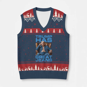 Funny Trump Has Great Jeans V-Neck Knit Sweater Vest Parody Denim Outfit Graphic TS02 Navy Red Print Your Wear