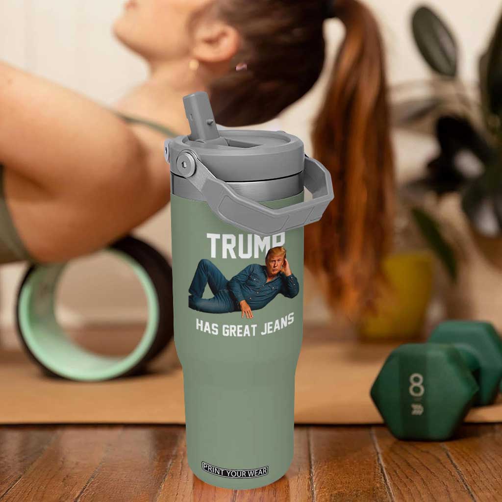 Funny Trump Has Great Jeans Flip Straw Tumbler Model Posing Parody Denim TS02 One Size: 30 oz Moss Green Print Your Wear