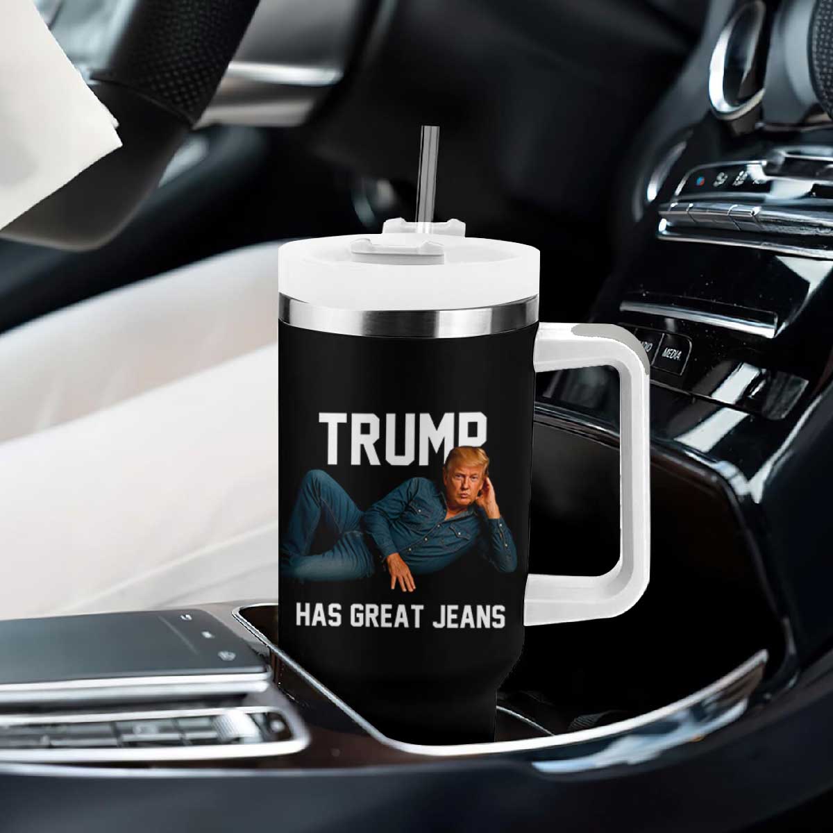 Funny Trump Has Great Jeans Tumbler With Handle Model Posing Parody Denim TS02 Print Your Wear