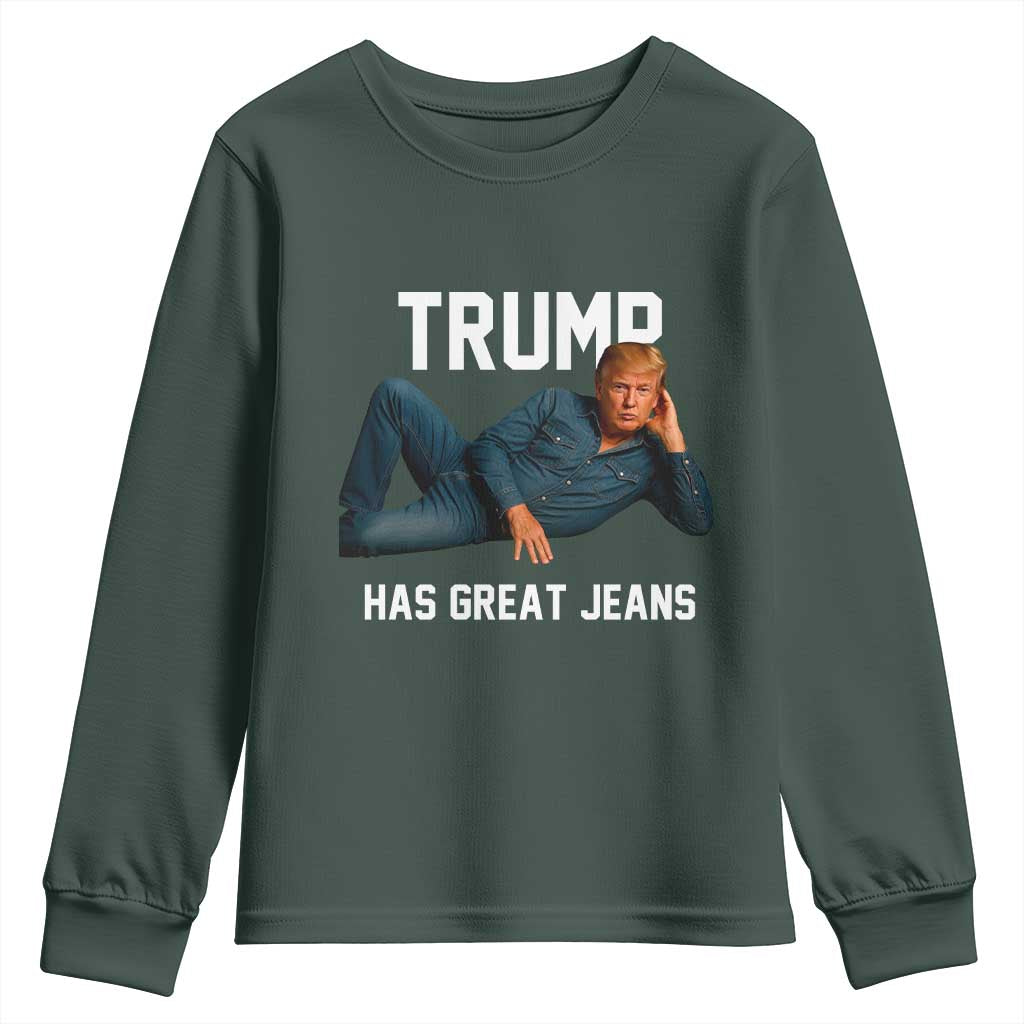 Funny Trump Has Great Jeans Youth Sweatshirt Model Posing Parody Denim TS02 Dark Forest Green Print Your Wear