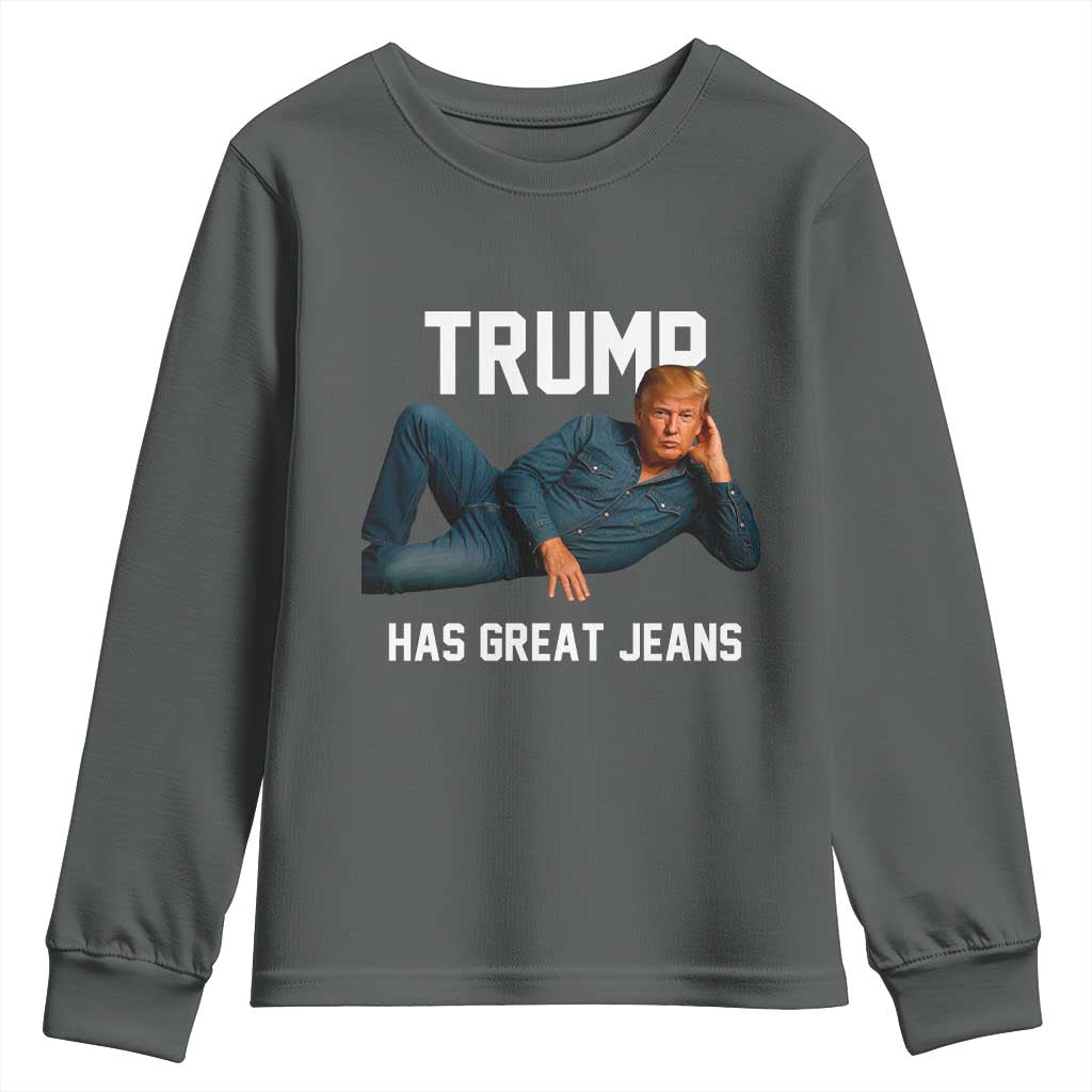 Funny Trump Has Great Jeans Youth Sweatshirt Model Posing Parody Denim TS02 Dark Heather Print Your Wear