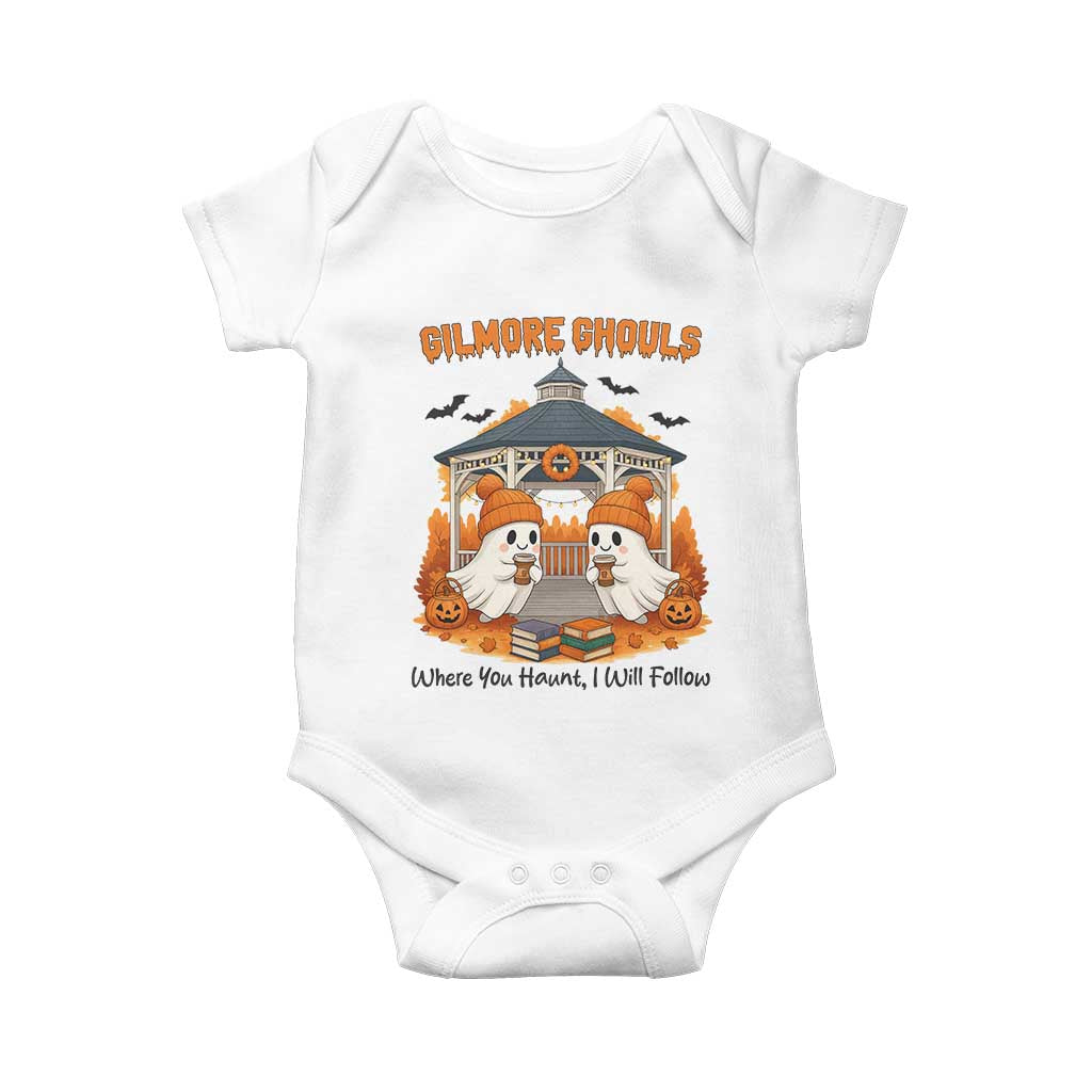 Cute Gilmore Ghouls Halloween Ghost Baby Onesie Cozy Fall Aesthetic with Pumpkin Spice and Books TS02 White Print Your Wear
