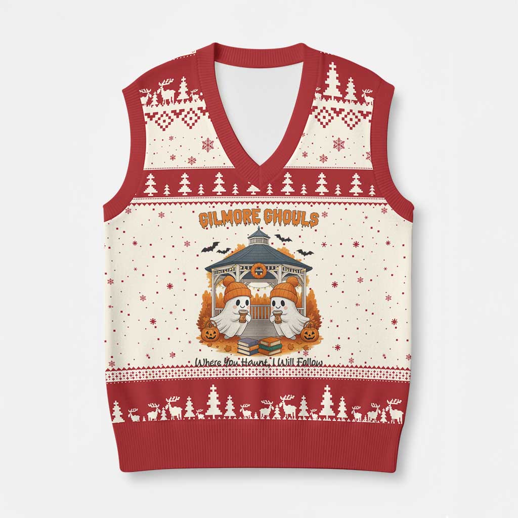 Cute Gilmore Ghouls Halloween Ghost V-Neck Knit Sweater Vest Cozy Fall Aesthetic with Pumpkin Spice and Books TS02 Beige Red Print Your Wear
