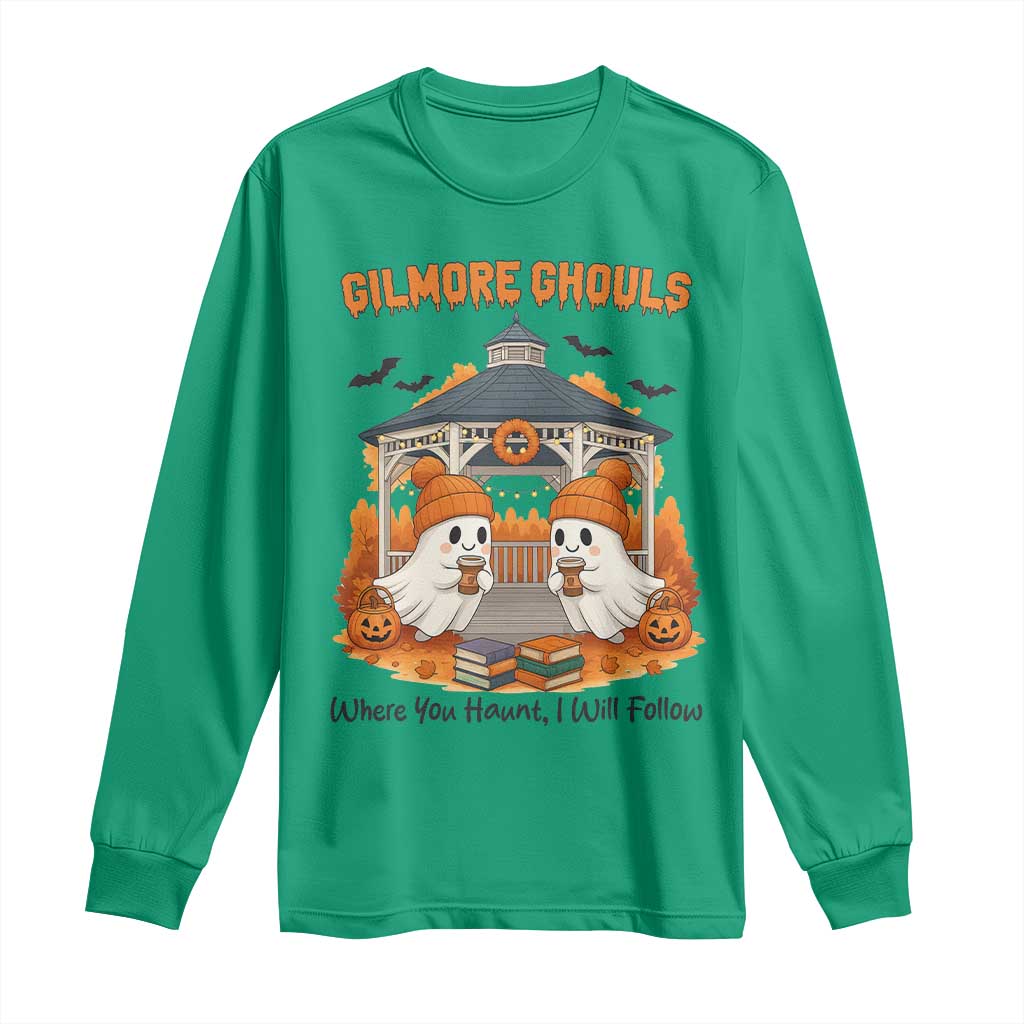 Cute Gilmore Ghouls Halloween Ghost Long Sleeve Shirt Cozy Fall Aesthetic with Pumpkin Spice and Books TS02 Irish Green Print Your Wear