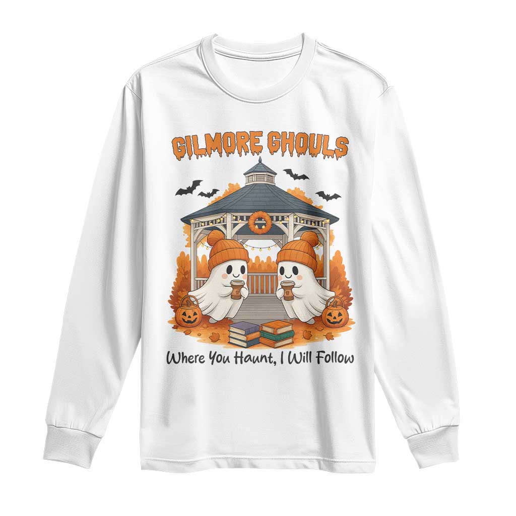 Cute Gilmore Ghouls Halloween Ghost Long Sleeve Shirt Cozy Fall Aesthetic with Pumpkin Spice and Books TS02 White Print Your Wear