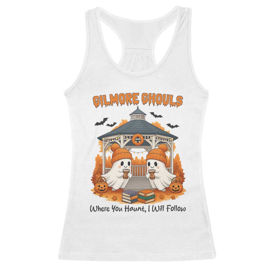 Cute Gilmore Ghouls Halloween Ghost Racerback Tank Top Cozy Fall Aesthetic with Pumpkin Spice and Books TS02 White Print Your Wear