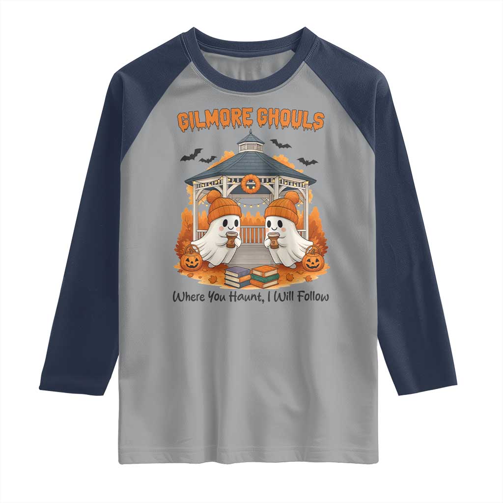 Cute Gilmore Ghouls Halloween Ghost Raglan Shirt Cozy Fall Aesthetic with Pumpkin Spice and Books TS02 Sport Gray Navy Print Your Wear