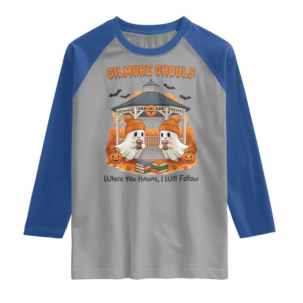 Cute Gilmore Ghouls Halloween Ghost Raglan Shirt Cozy Fall Aesthetic with Pumpkin Spice and Books TS02 Sport Gray Royal Print Your Wear