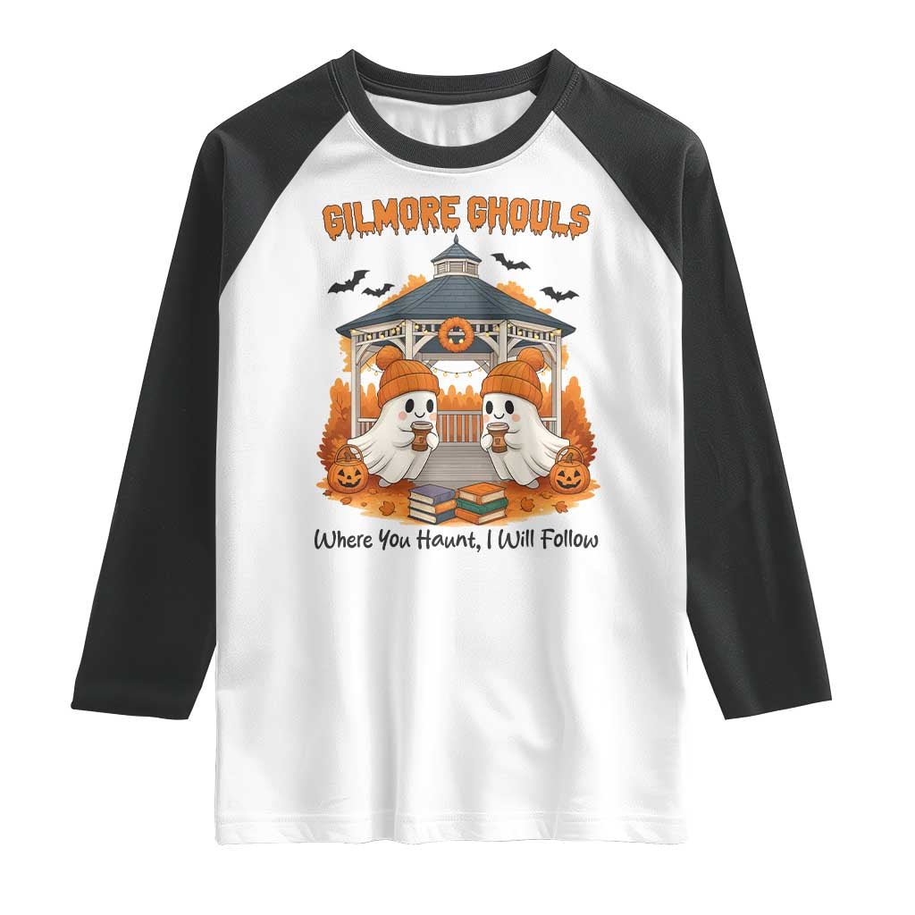 Cute Gilmore Ghouls Halloween Ghost Raglan Shirt Cozy Fall Aesthetic with Pumpkin Spice and Books TS02 White Black Print Your Wear