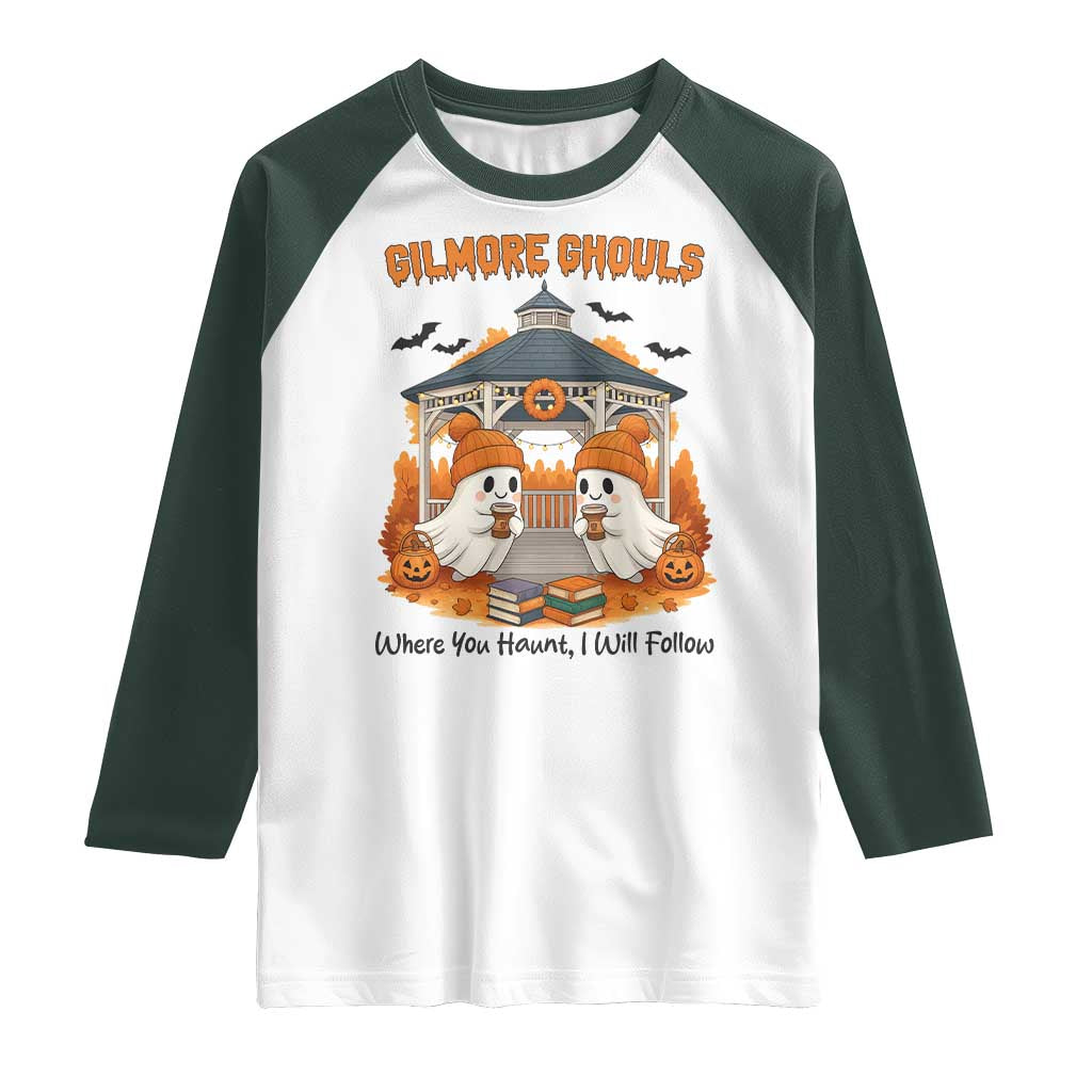 Cute Gilmore Ghouls Halloween Ghost Raglan Shirt Cozy Fall Aesthetic with Pumpkin Spice and Books TS02 White Dark Forest Green Print Your Wear