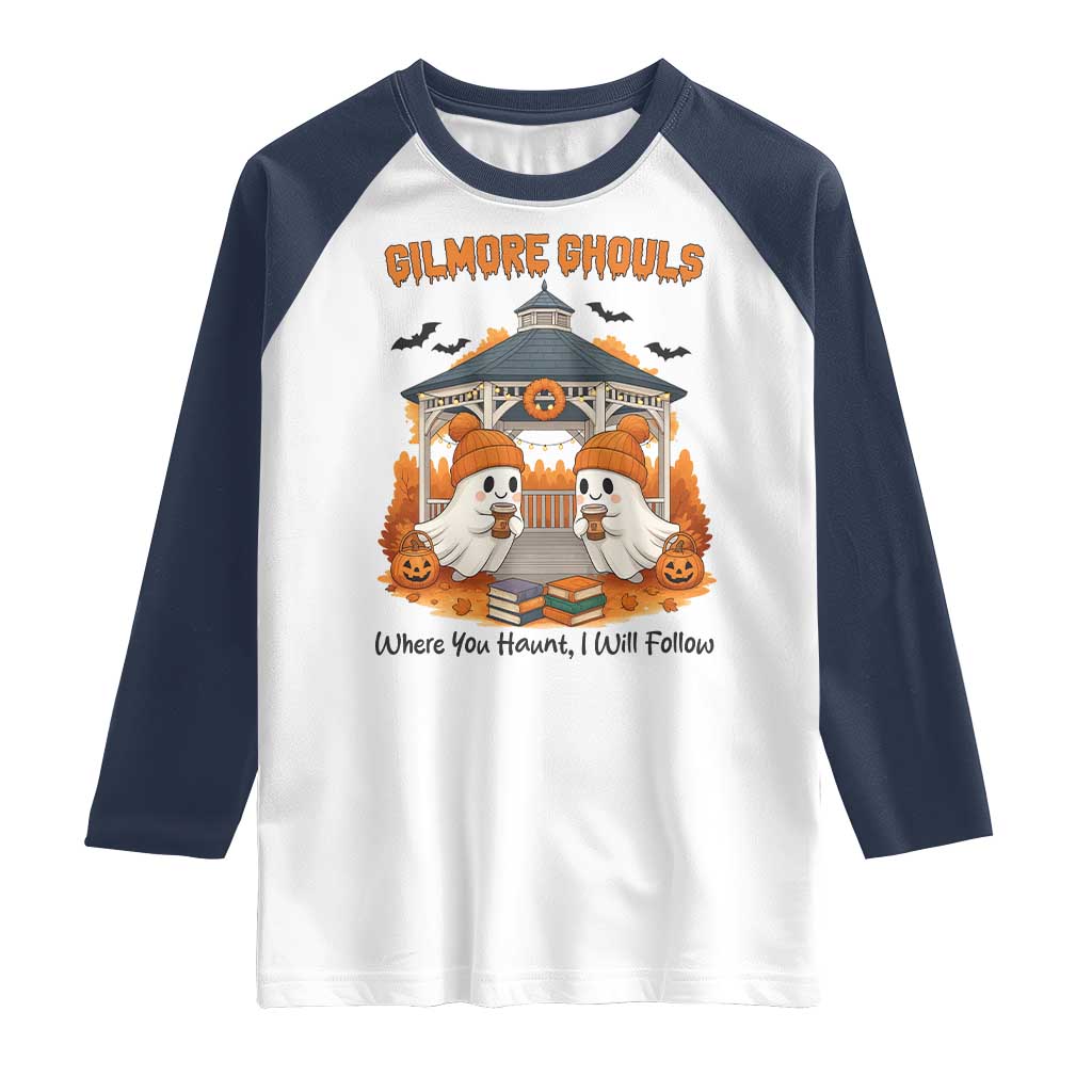 Cute Gilmore Ghouls Halloween Ghost Raglan Shirt Cozy Fall Aesthetic with Pumpkin Spice and Books TS02 White Navy Print Your Wear