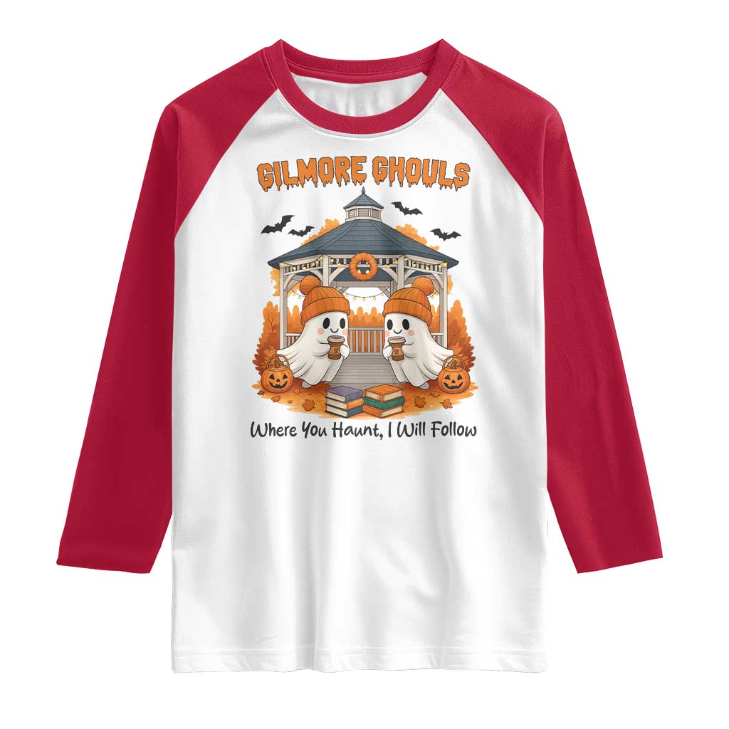 Cute Gilmore Ghouls Halloween Ghost Raglan Shirt Cozy Fall Aesthetic with Pumpkin Spice and Books TS02 White Red Print Your Wear