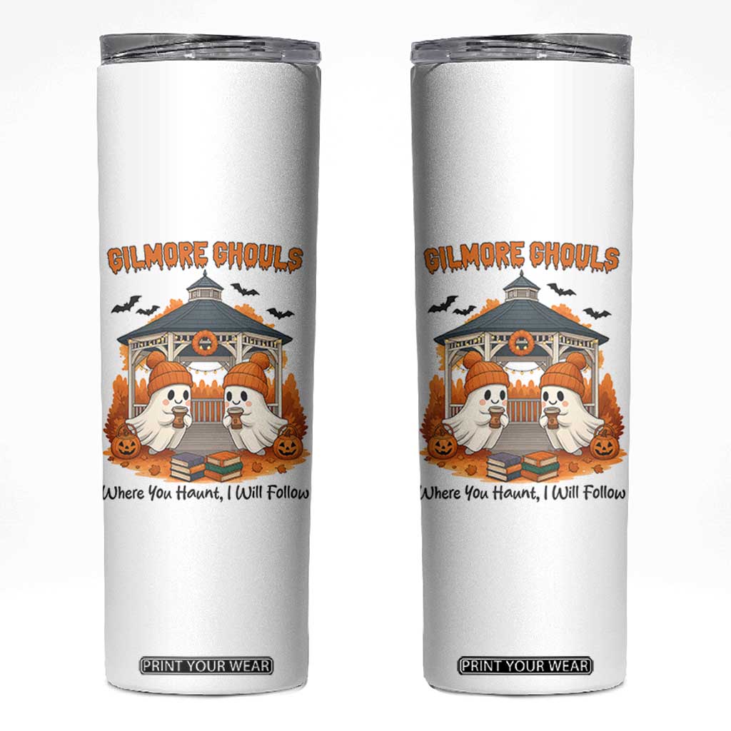 Cute Gilmore Ghouls Halloween Ghost Skinny Tumbler Cozy Fall Aesthetic with Pumpkin Spice and Books TS02 White Print Your Wear