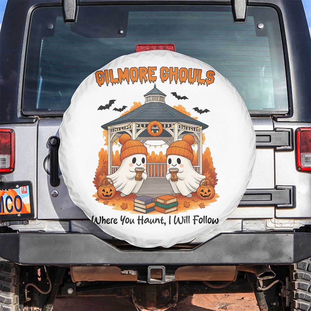 Cute Gilmore Ghouls Halloween Ghost Spare Tire Cover Cozy Fall Aesthetic with Pumpkin Spice and Books TS02 No hole White Print Your Wear
