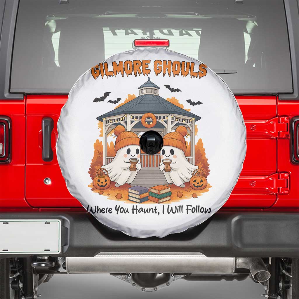 Cute Gilmore Ghouls Halloween Ghost Spare Tire Cover Cozy Fall Aesthetic with Pumpkin Spice and Books TS02 White Print Your Wear