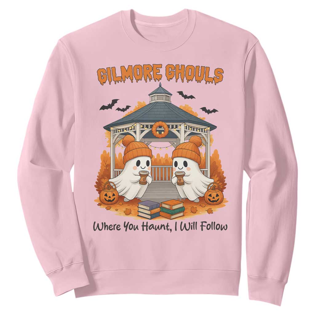 Cute Gilmore Ghouls Halloween Ghost Sweatshirt Cozy Fall Aesthetic with Pumpkin Spice and Books TS02 Light Pink Print Your Wear
