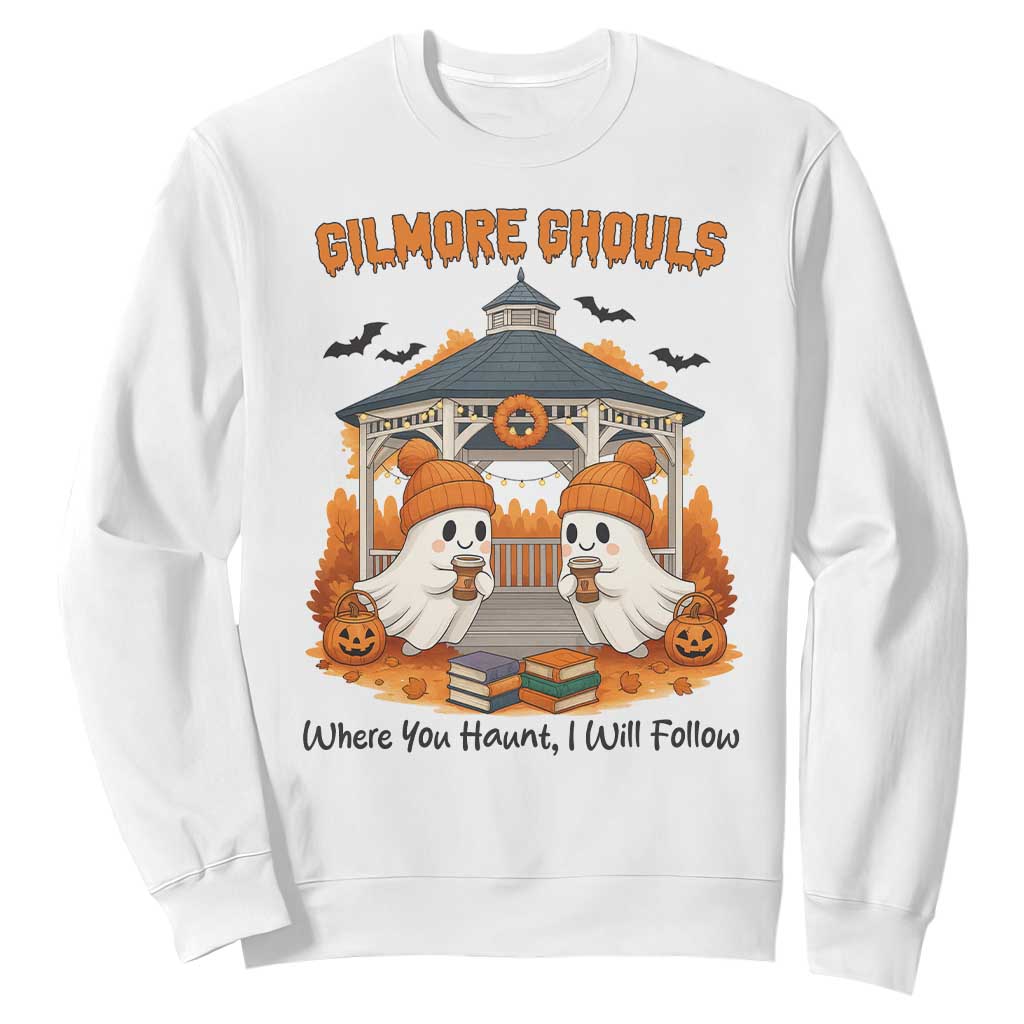 Cute Gilmore Ghouls Halloween Ghost Sweatshirt Cozy Fall Aesthetic with Pumpkin Spice and Books TS02 White Print Your Wear