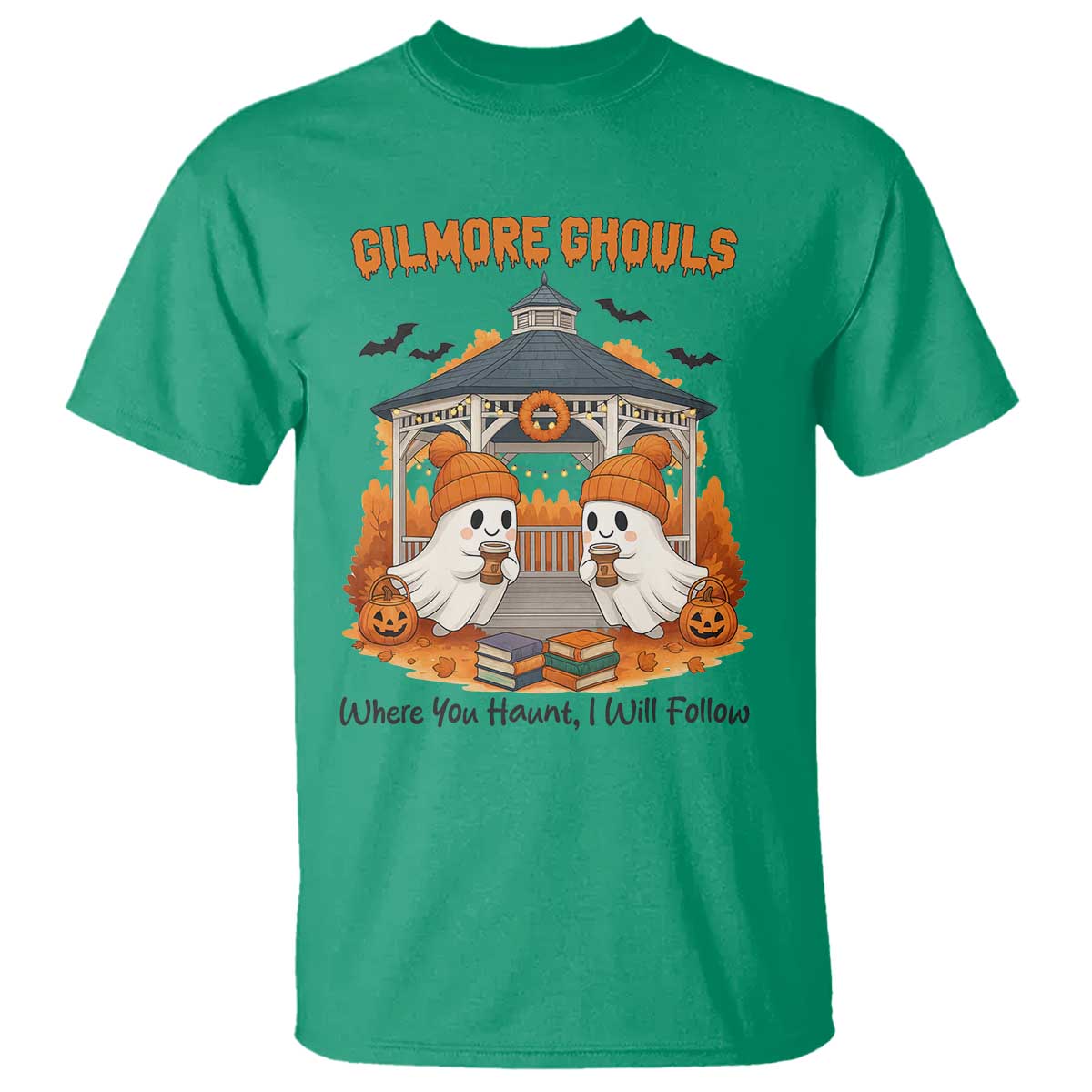 Cute Gilmore Ghouls Halloween Ghost T Shirt Cozy Fall Aesthetic with Pumpkin Spice and Books TS02 Irish Green Print Your Wear