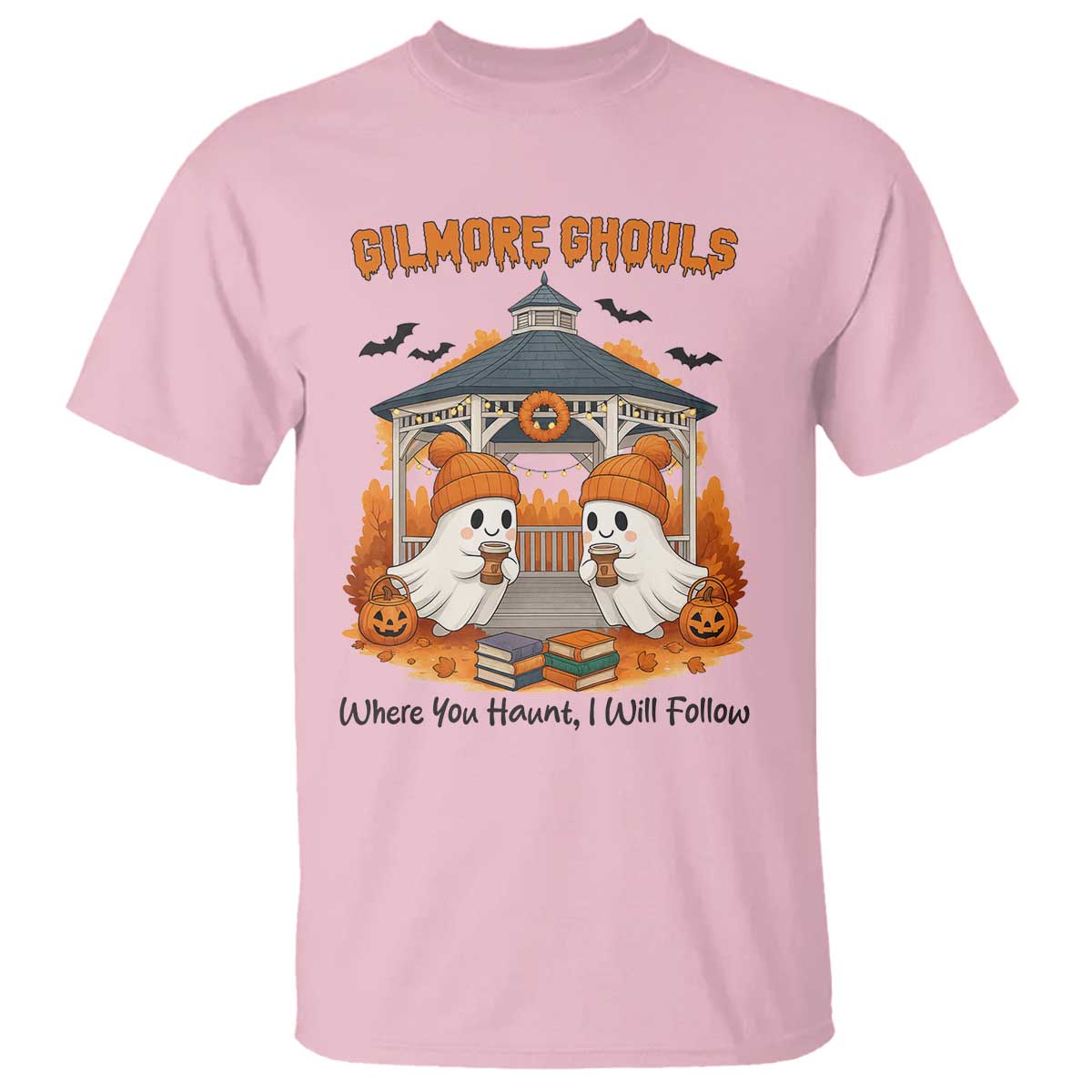 Cute Gilmore Ghouls Halloween Ghost T Shirt Cozy Fall Aesthetic with Pumpkin Spice and Books TS02 Light Pink Print Your Wear