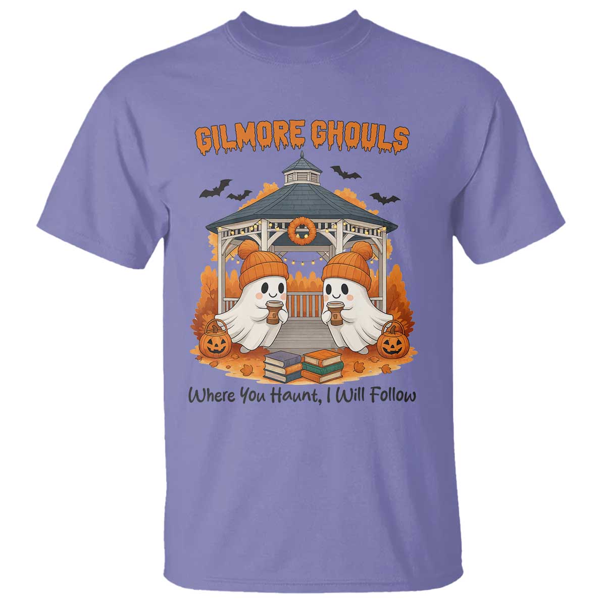 Cute Gilmore Ghouls Halloween Ghost T Shirt Cozy Fall Aesthetic with Pumpkin Spice and Books TS02 Violet Print Your Wear