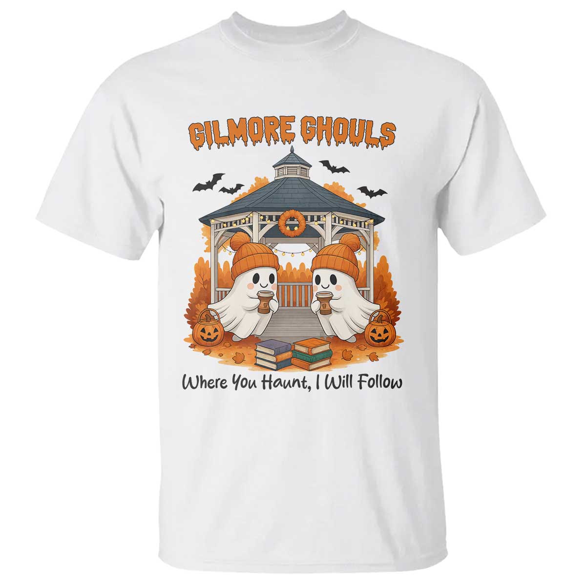 Cute Gilmore Ghouls Halloween Ghost T Shirt Cozy Fall Aesthetic with Pumpkin Spice and Books TS02 White Print Your Wear