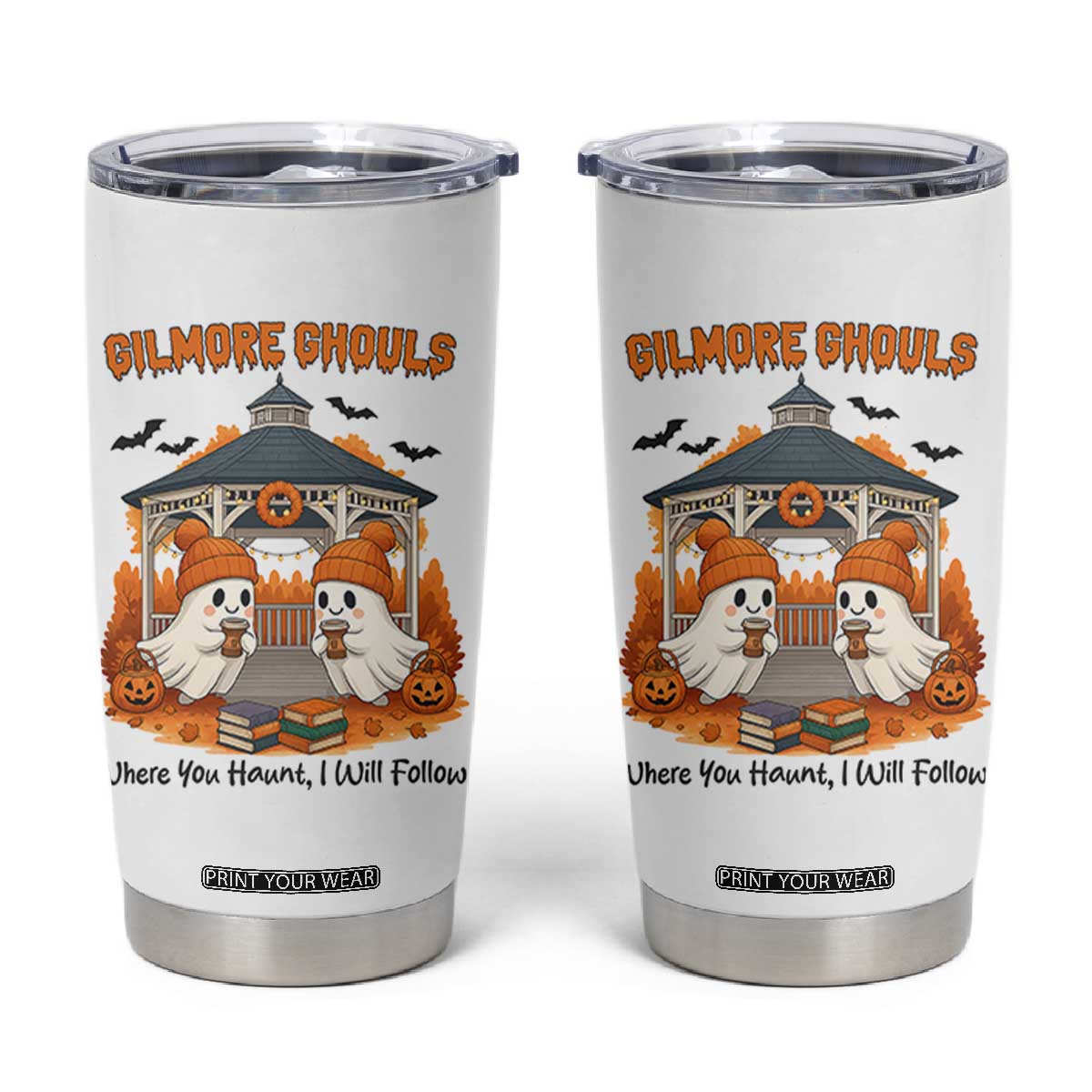 Cute Gilmore Ghouls Halloween Ghost Tumbler Cup Cozy Fall Aesthetic with Pumpkin Spice and Books TS02 White Print Your Wear
