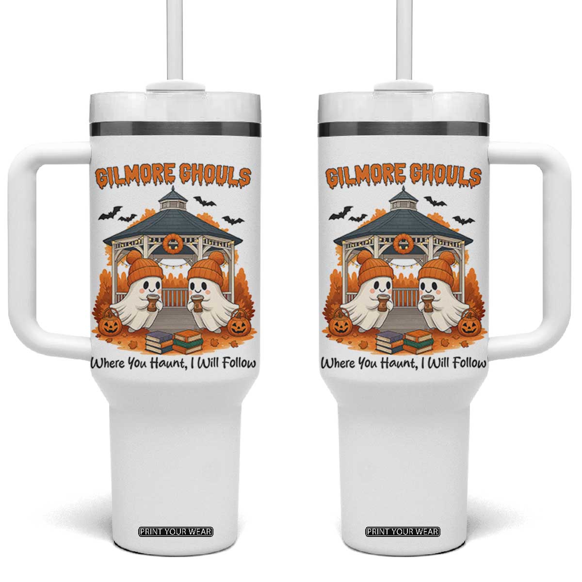 Cute Gilmore Ghouls Halloween Ghost Tumbler With Handle Cozy Fall Aesthetic with Pumpkin Spice and Books TS02 One Size: 40 oz White Print Your Wear