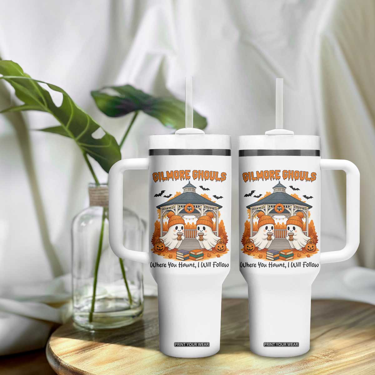 Cute Gilmore Ghouls Halloween Ghost Tumbler With Handle Cozy Fall Aesthetic with Pumpkin Spice and Books TS02 Print Your Wear
