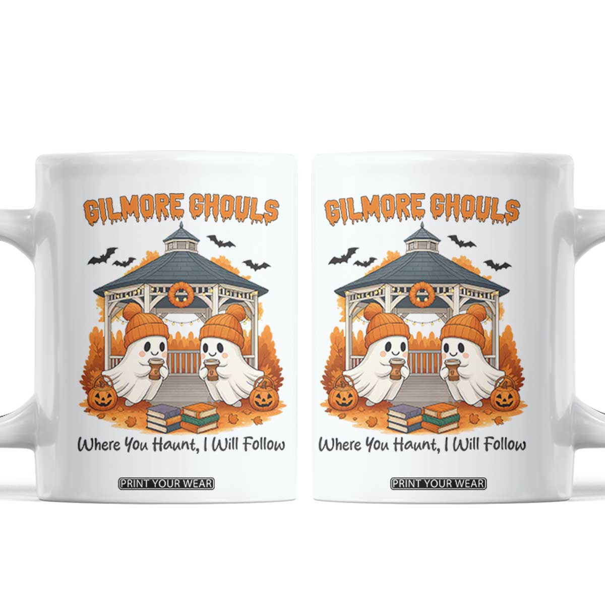 Cute Gilmore Ghouls Halloween Ghost Coffee Mug Cozy Fall Aesthetic with Pumpkin Spice and Books TS02 White Print Your Wear