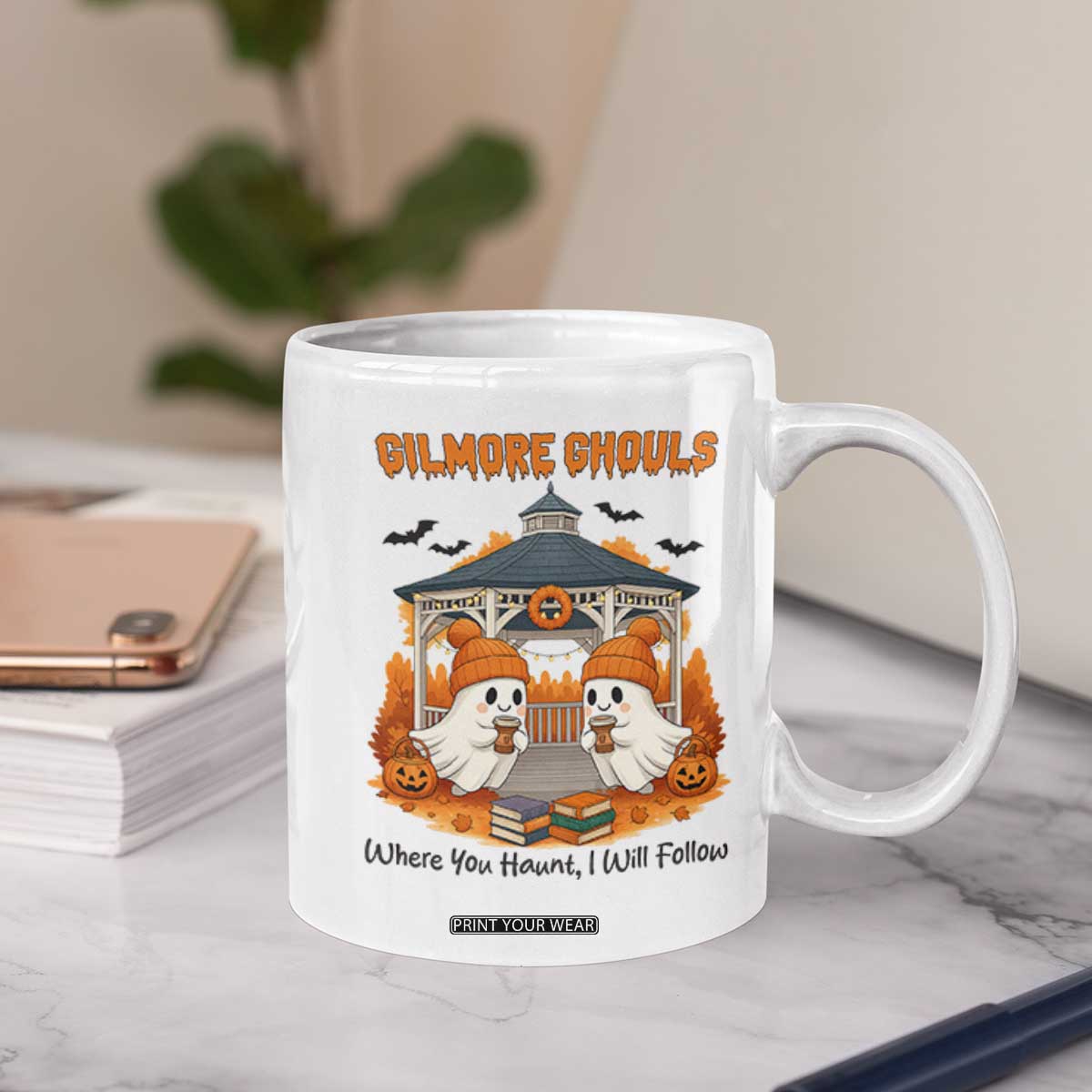 Cute Gilmore Ghouls Halloween Ghost Coffee Mug Cozy Fall Aesthetic with Pumpkin Spice and Books TS02 Print Your Wear