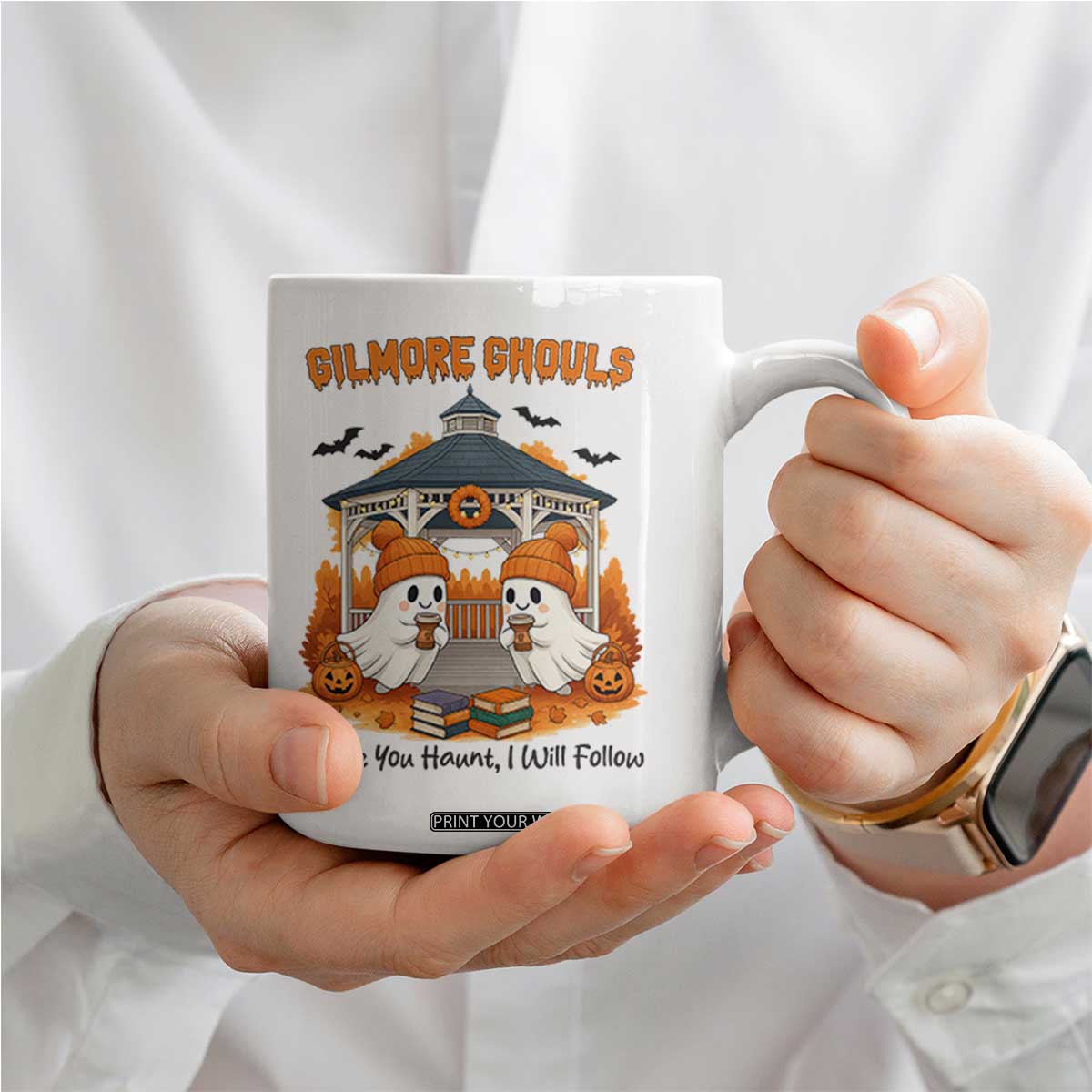 Cute Gilmore Ghouls Halloween Ghost Coffee Mug Cozy Fall Aesthetic with Pumpkin Spice and Books TS02 Print Your Wear