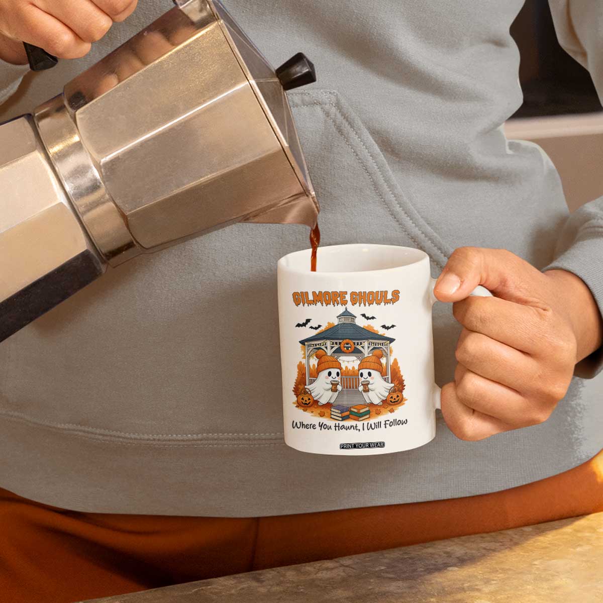 Cute Gilmore Ghouls Halloween Ghost Coffee Mug Cozy Fall Aesthetic with Pumpkin Spice and Books TS02 Print Your Wear