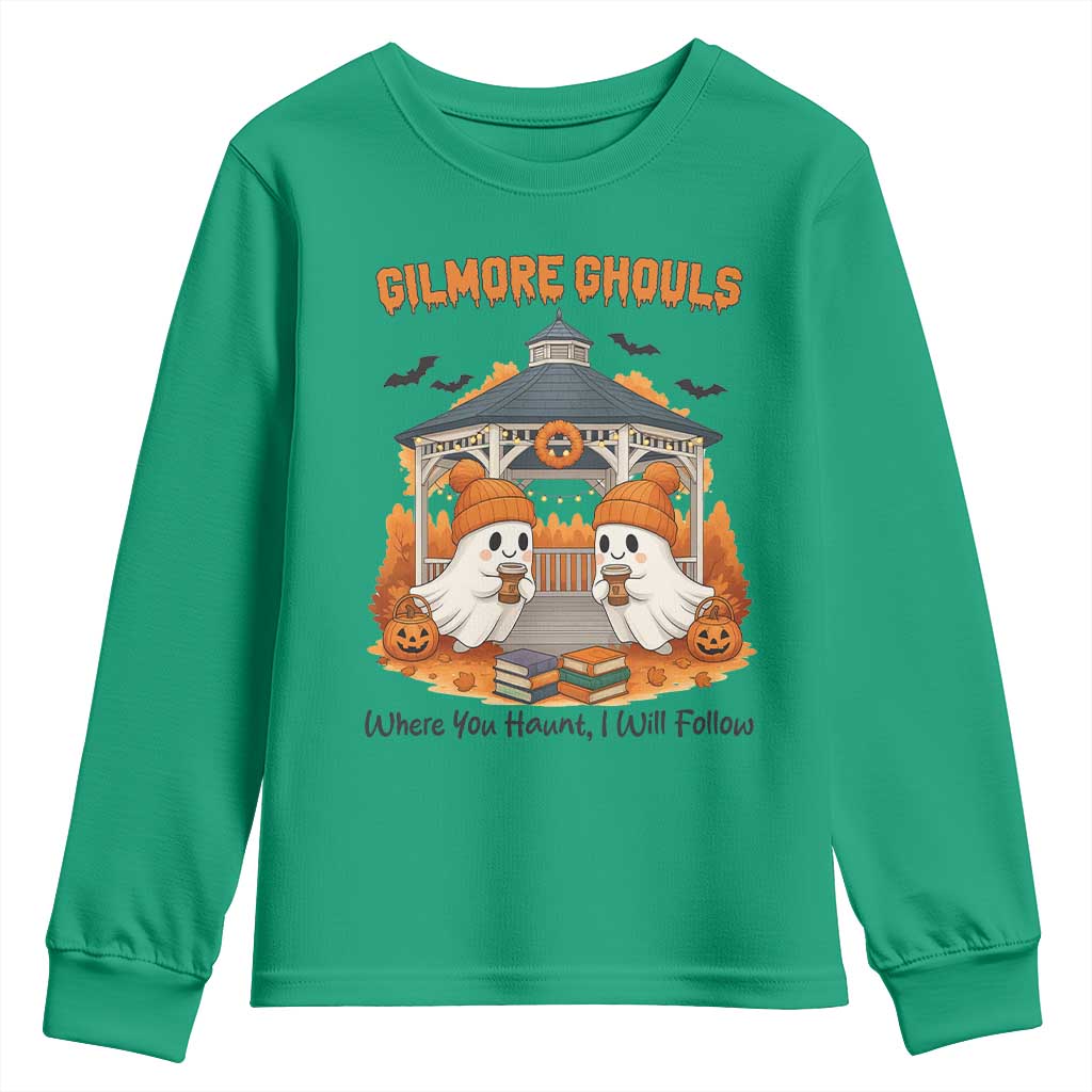 Cute Gilmore Ghouls Halloween Ghost Youth Sweatshirt Cozy Fall Aesthetic with Pumpkin Spice and Books TS02 Irish Green Print Your Wear