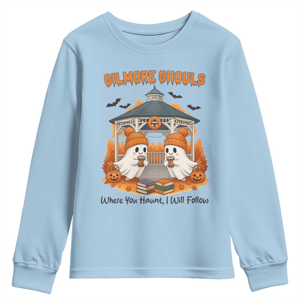 Cute Gilmore Ghouls Halloween Ghost Youth Sweatshirt Cozy Fall Aesthetic with Pumpkin Spice and Books TS02 Light Blue Print Your Wear