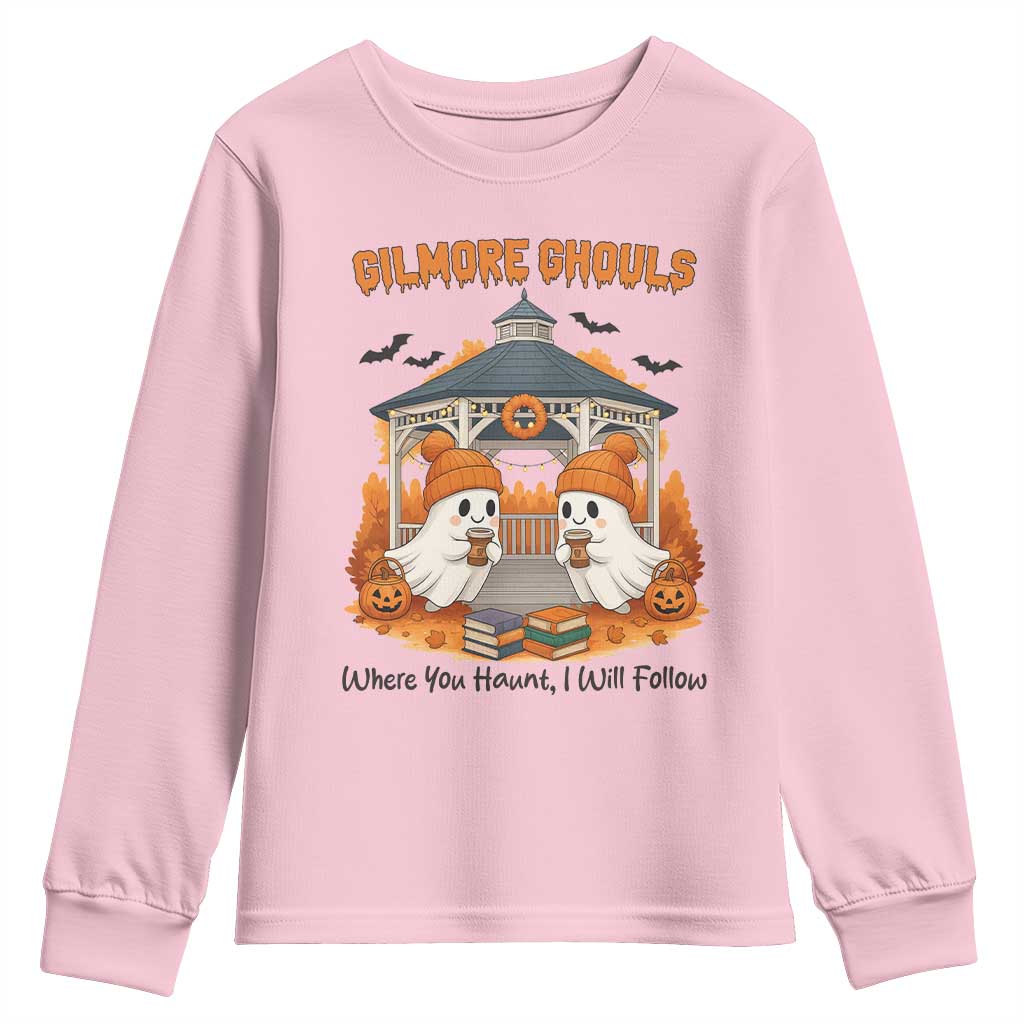 Cute Gilmore Ghouls Halloween Ghost Youth Sweatshirt Cozy Fall Aesthetic with Pumpkin Spice and Books TS02 Light Pink Print Your Wear