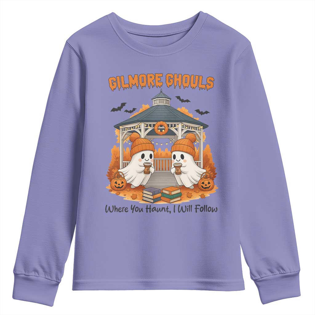 Cute Gilmore Ghouls Halloween Ghost Youth Sweatshirt Cozy Fall Aesthetic with Pumpkin Spice and Books TS02 Violet Print Your Wear