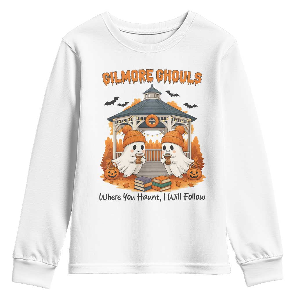Cute Gilmore Ghouls Halloween Ghost Youth Sweatshirt Cozy Fall Aesthetic with Pumpkin Spice and Books TS02 White Print Your Wear