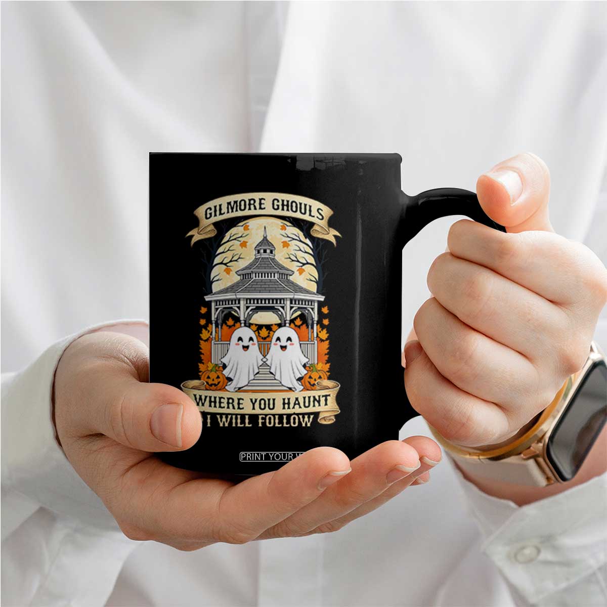 Gilmore Ghouls Halloween Ghost Coffee Mug Cute Couple Spooky Boo with Fall Gazebo TS02 Print Your Wear