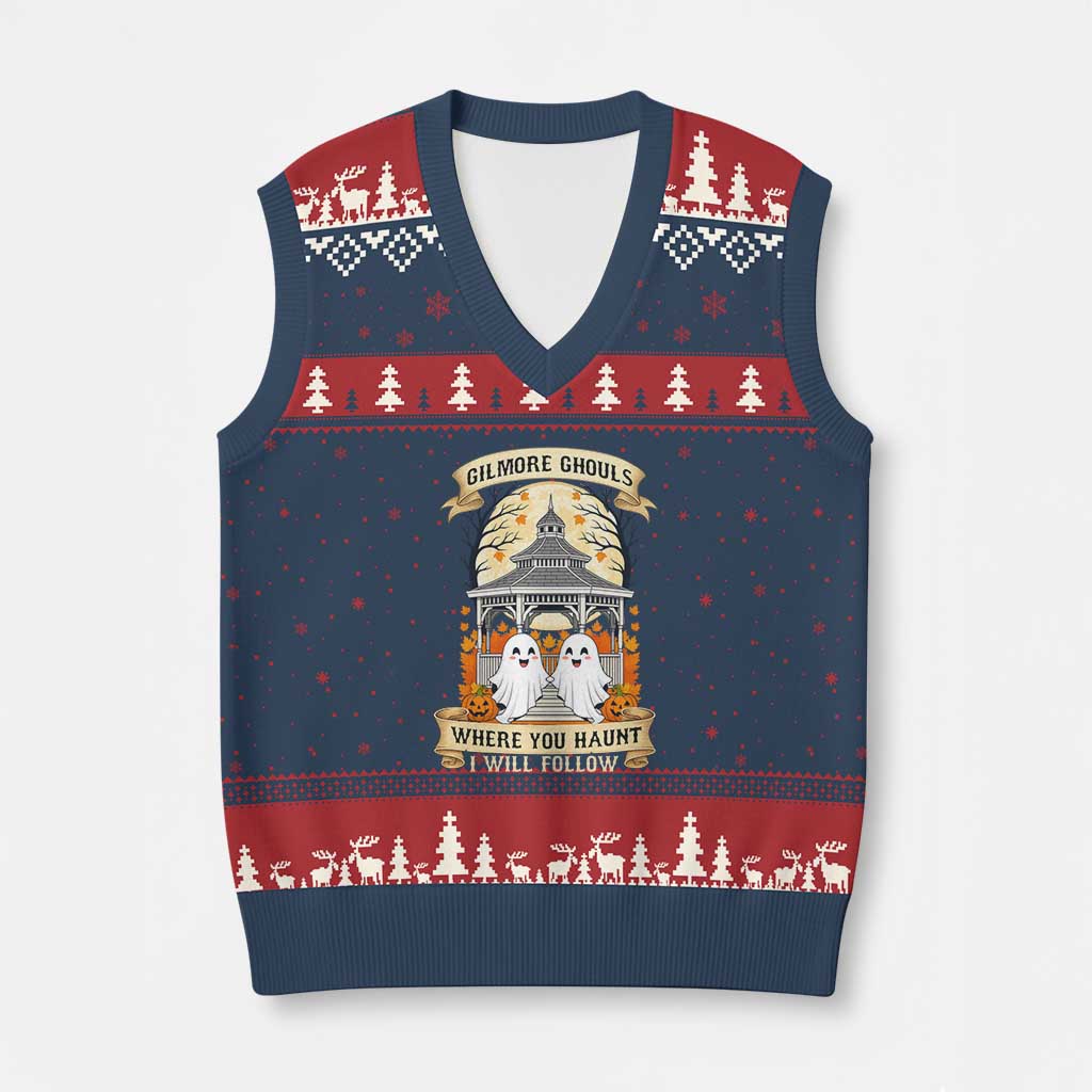 Gilmore Ghouls Halloween Ghost V-Neck Knit Sweater Vest Cute Couple Spooky Boo with Fall Gazebo TS02 Navy Red Print Your Wear