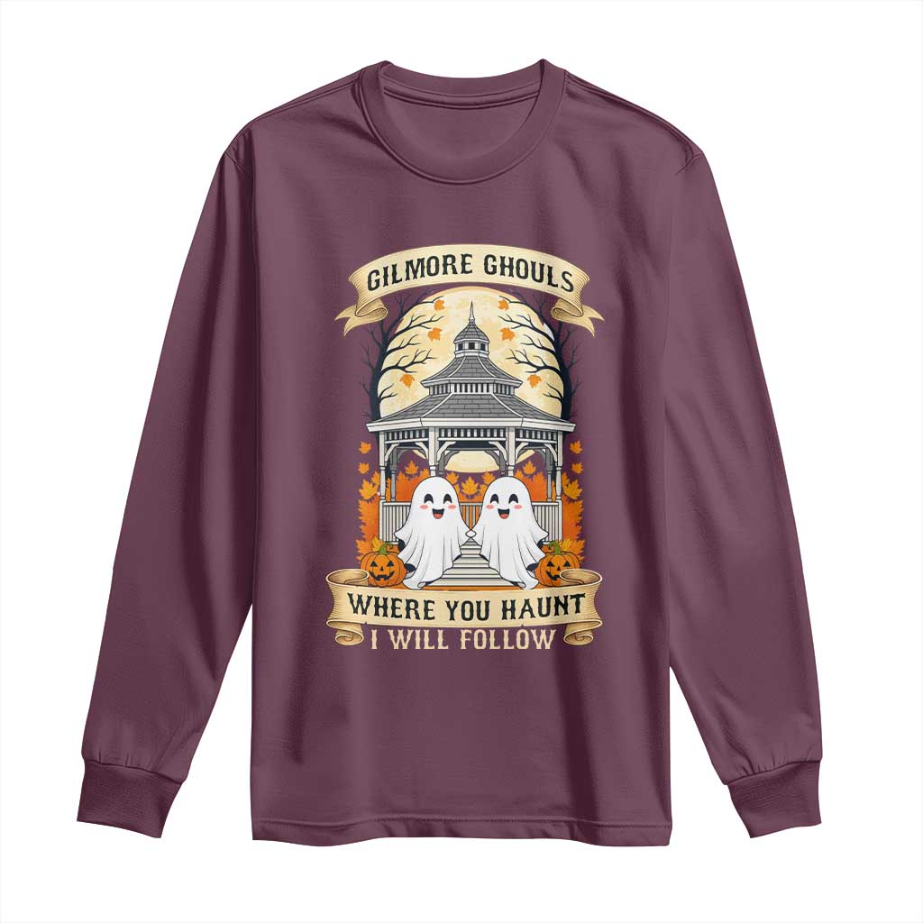 Gilmore Ghouls Halloween Ghost Long Sleeve Shirt Cute Couple Spooky Boo with Fall Gazebo TS02 Maroon Print Your Wear
