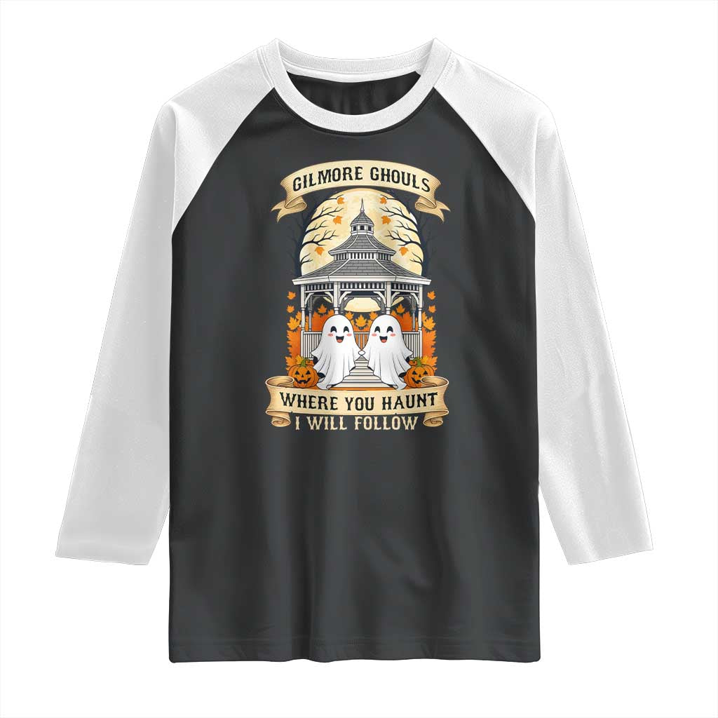 Gilmore Ghouls Halloween Ghost Raglan Shirt Cute Couple Spooky Boo with Fall Gazebo TS02 Black White Print Your Wear