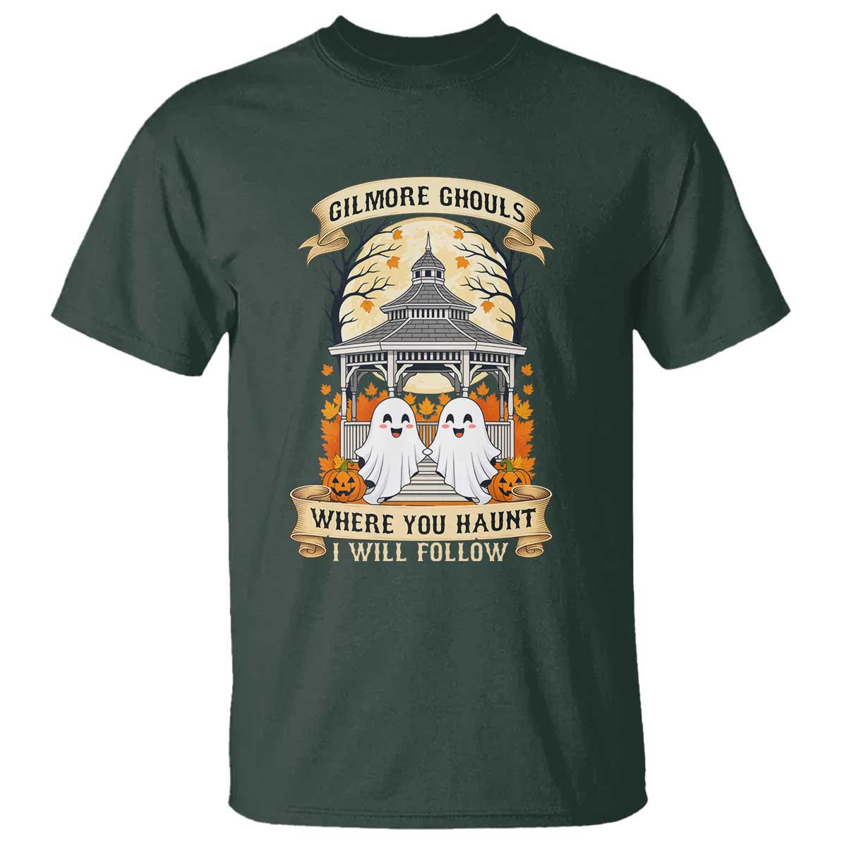 Gilmore Ghouls Halloween Ghost T Shirt Cute Couple Spooky Boo with Fall Gazebo TS02 Dark Forest Green Print Your Wear