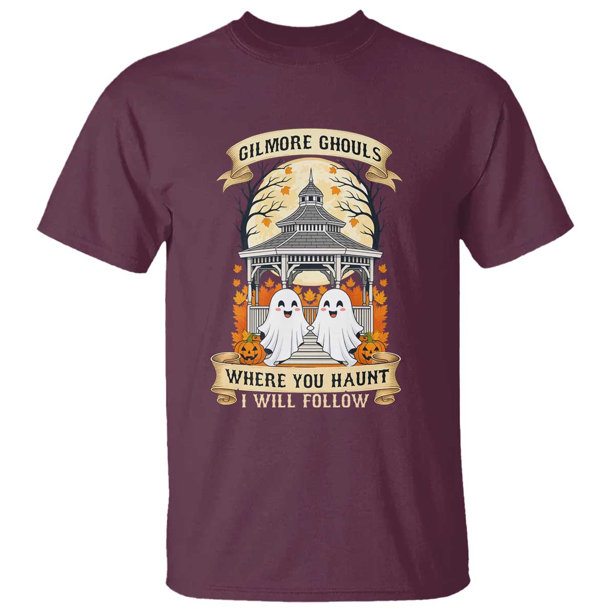 Gilmore Ghouls Halloween Ghost T Shirt Cute Couple Spooky Boo with Fall Gazebo TS02 Maroon Print Your Wear
