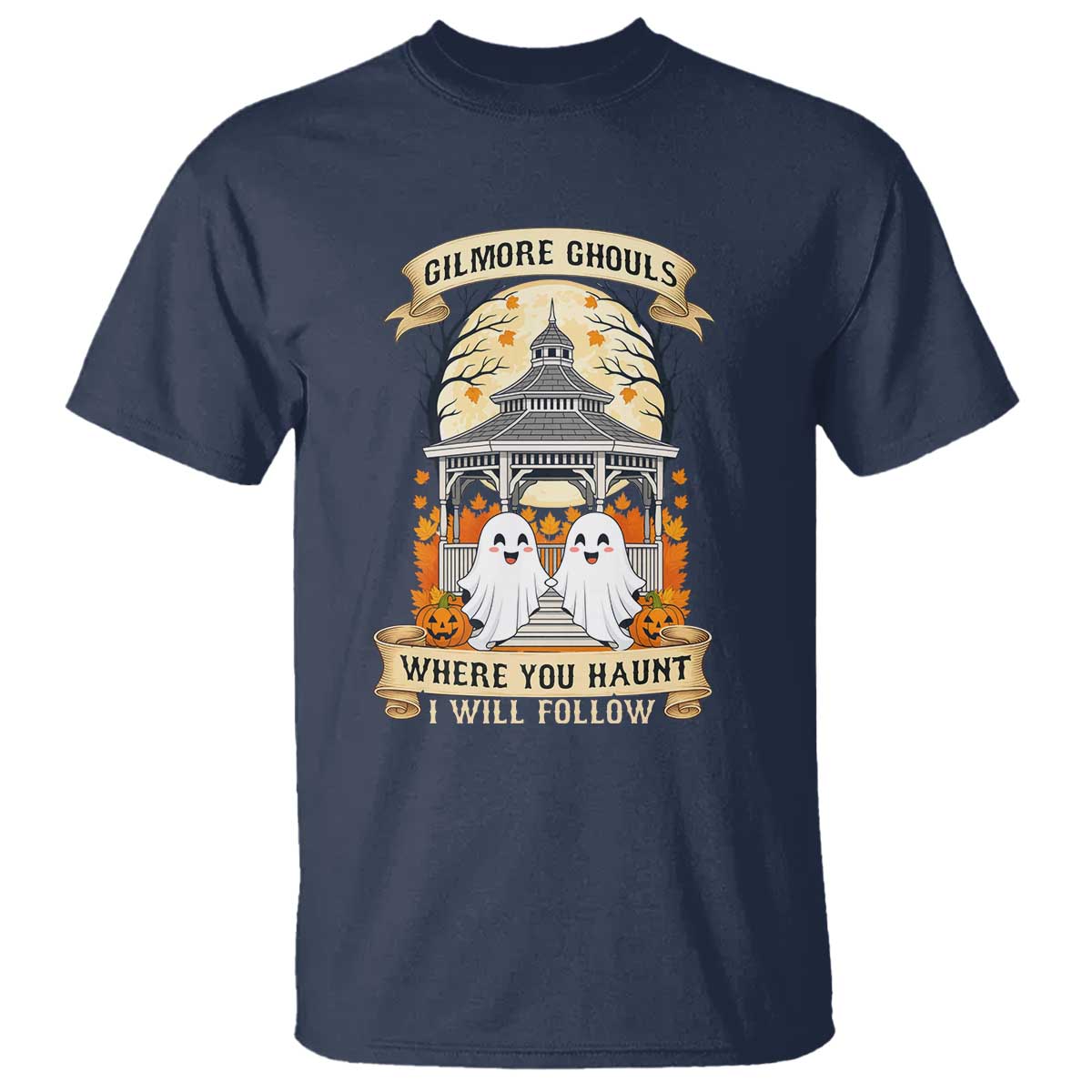 Gilmore Ghouls Halloween Ghost T Shirt Cute Couple Spooky Boo with Fall Gazebo TS02 Navy Print Your Wear