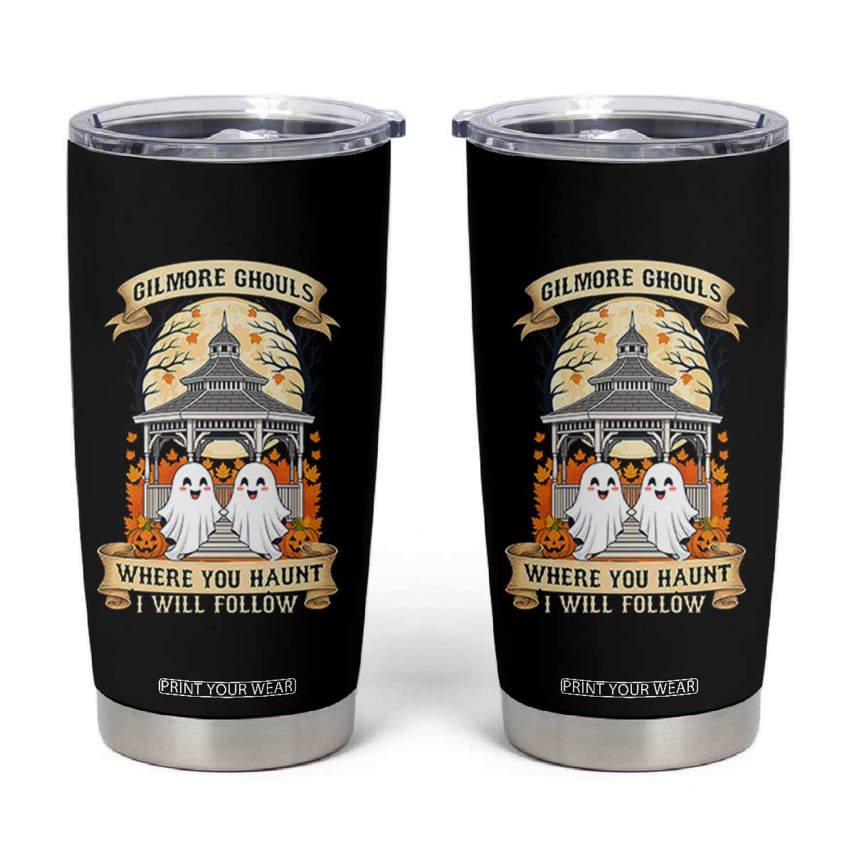 Gilmore Ghouls Halloween Ghost Tumbler Cup Cute Couple Spooky Boo with Fall Gazebo TS02 Black Print Your Wear
