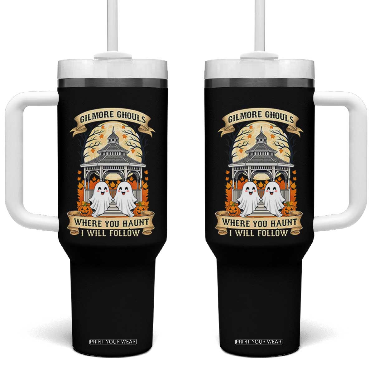 Gilmore Ghouls Halloween Ghost Tumbler With Handle Cute Couple Spooky Boo with Fall Gazebo TS02 One Size: 40 oz Black Print Your Wear