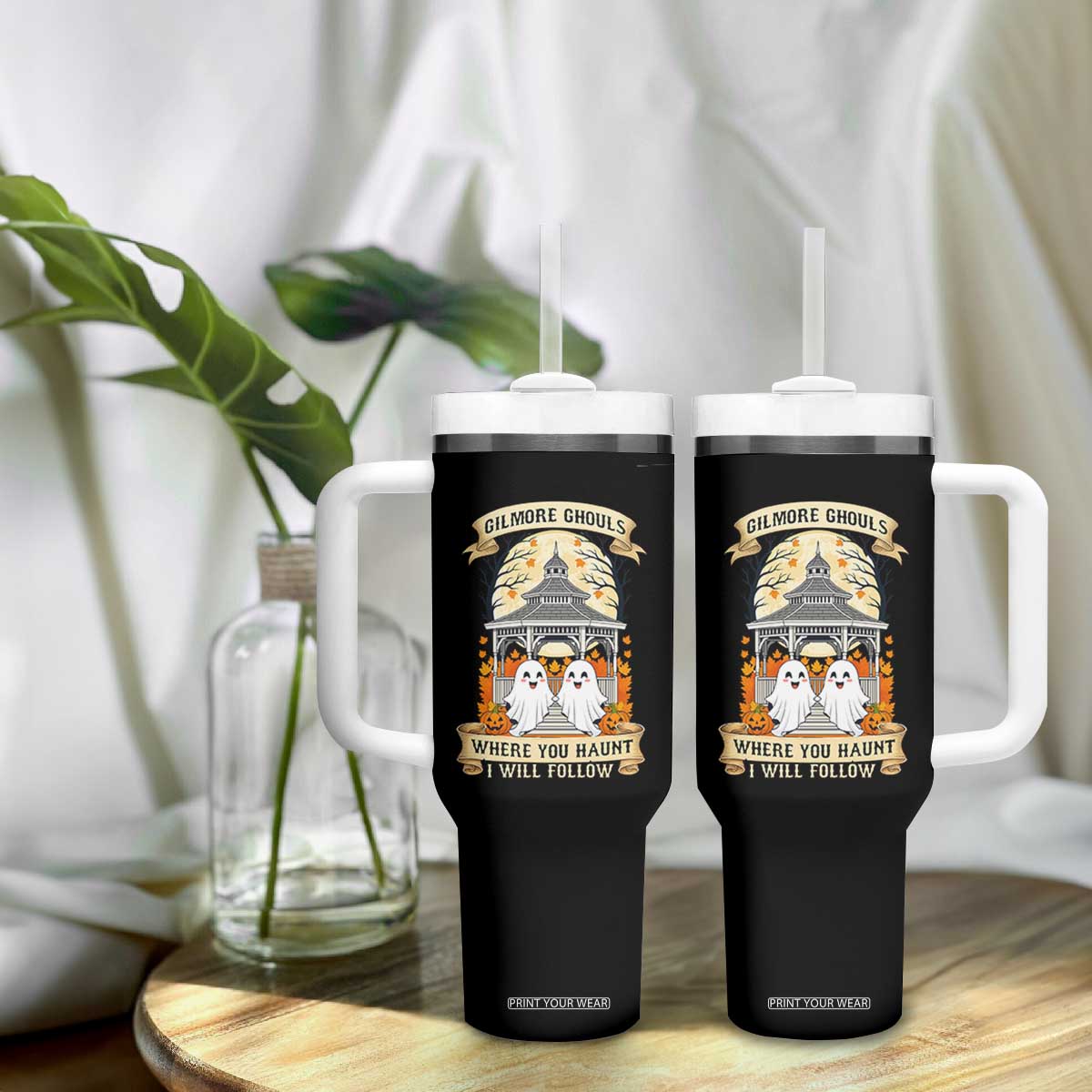 Gilmore Ghouls Halloween Ghost Tumbler With Handle Cute Couple Spooky Boo with Fall Gazebo TS02 Print Your Wear