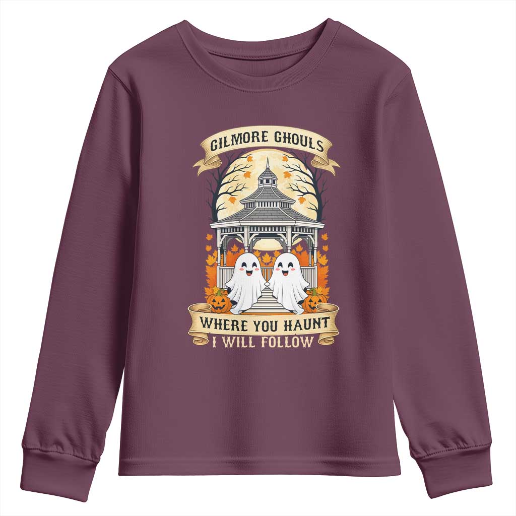 Gilmore Ghouls Halloween Ghost Youth Sweatshirt Cute Couple Spooky Boo with Fall Gazebo TS02 Maroon Print Your Wear