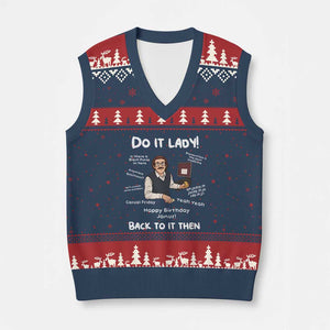 Do It Lady and Back To It Then V-Neck Knit Sweater Vest Funny Office Joke Vintage Mustache Guy Meme TS02 Navy Red Print Your Wear
