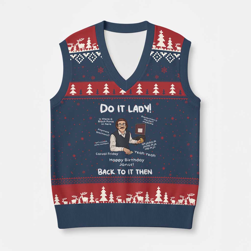 Do It Lady and Back To It Then V-Neck Knit Sweater Vest Funny Office Joke Vintage Mustache Guy Meme TS02 Navy Red Print Your Wear